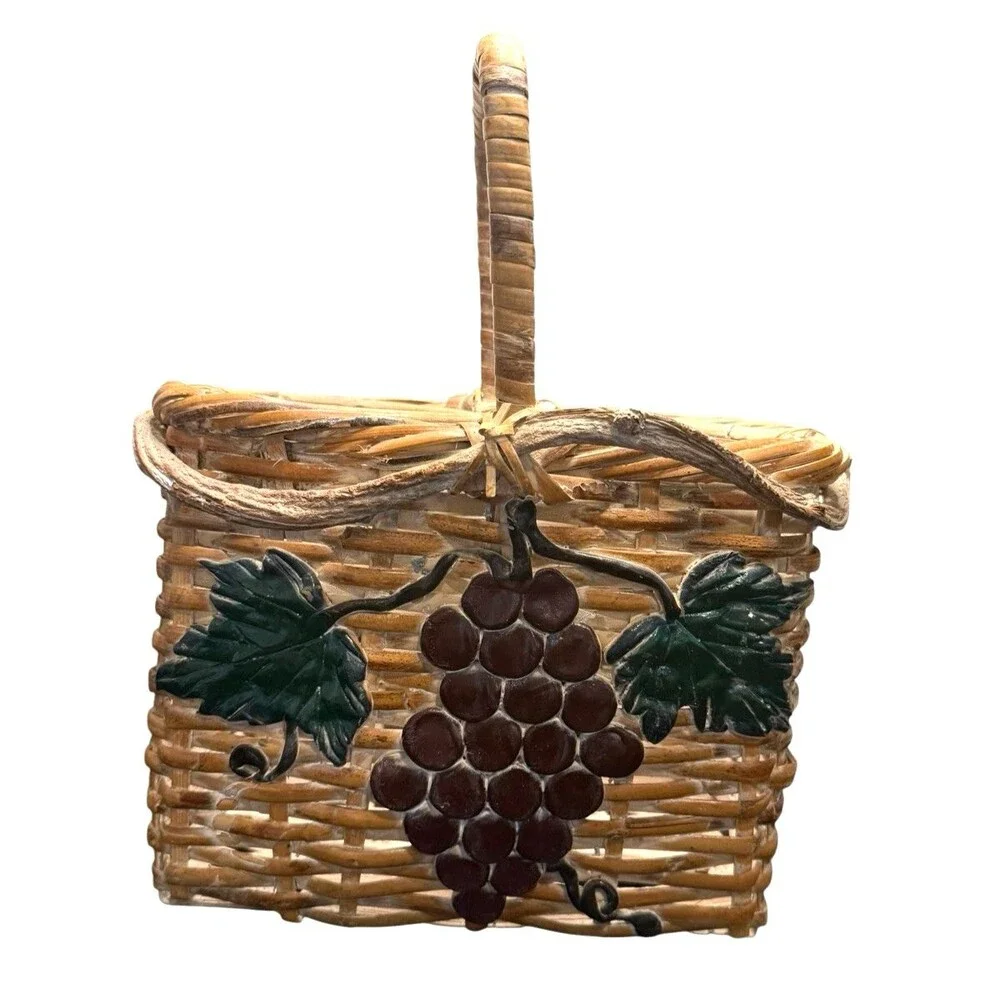Vintage Wine Wicker Rattan Woven Basket Bottle Holder Grape Branch Very Unique